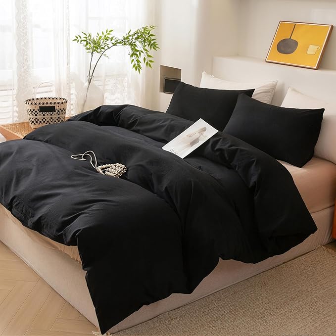 ECOCOTT 3 Pieces Duvet Cover Queen Size 100% Washed Cotton 1 Duvet Cover with Zipper and 2 Pillowcases, Ultra Soft and Easy Care Breathable Cozy Simple Style Bedding Set (Black,Queen)