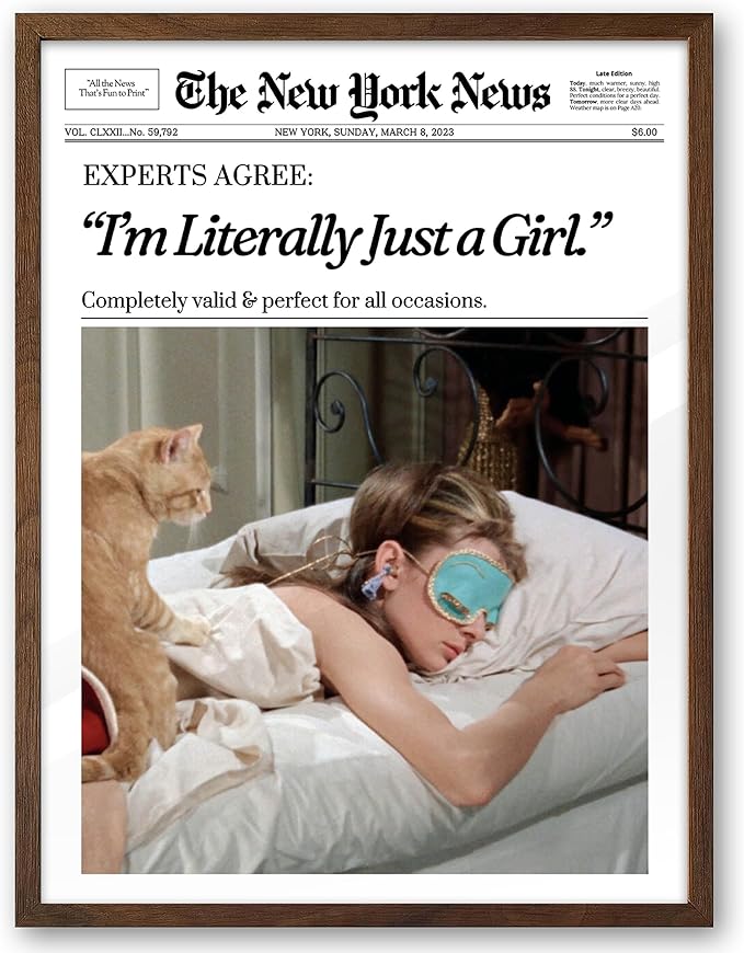 EcoHest Trendy Newspaper New York Magazine Framed Wall Art, 12x16 in Walnut Color OAK Wood I‘m Literally Just a Girl Canvas Wall Art, Magazine Preppy Home Decor, Set of 1 For Bedroom Living Room