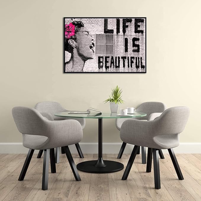 Wieco Art Framed Art Canvas Prints of Banksy Life is Beautiful Abstract Artwork for Wall Decor Black Frame BANKSY-2-6090-BF