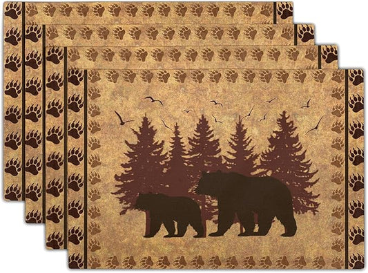 Giwawa 12"x18" Rustic Bear Placemats Set of 4 Vintage Cabin Lodge Wildlife Forest Animal Place Mat Heat Stain Resistant Linen Table Mats for Kitchen Dining Tabletop Farmhouse Picnic Decor