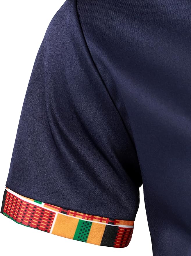 ZEROYAA Men's African Printed Patchwork Design Short Sleeve Button up Shirt