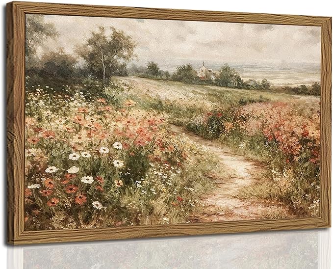 Framed 3D Textured Wall Art, Vintage Landscape Wall Decor Painting, Hand Drawn Sandstone Country Watercolor Floral Pictures Artwork for Living Room Bedroom Home Decor 16x24 inch Wood Frame