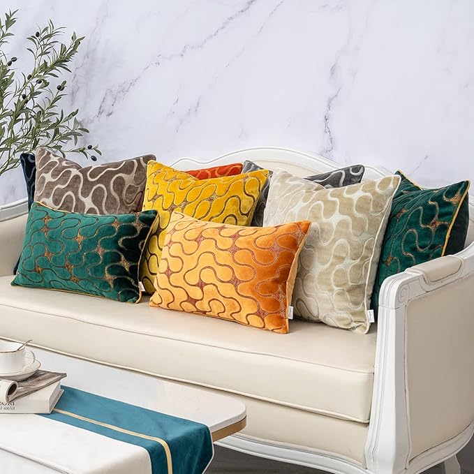 Yangest Orange Yellow Square Throw Pillow Cover Wavy Velvet Cushion Cover Modern Zippered Pillowcase for Sofa Couch Bedroom Living Room Chair, 20 x 20 Inch