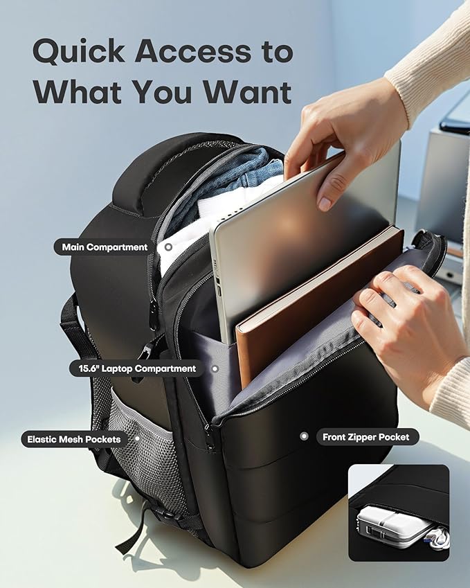 HOTOR Travel Backpack - Flight Approved Travel Bag for Men and Women, Carry on Luggage for 15.6" Laptop and Travel Essentials for Work, Business, Weekender, College 11.8"x7.9"x17.3" (Black)