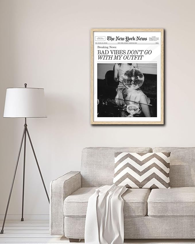 EcoHest Trendy Newspaper Magazine Framed Wall Art, 16x20 in Large OAK Wood Bad Vibes Don't Go With My Outfit Disco Bar Canvas Wall Art, Preppy Retro Home Decor For Bedroom Living Room 1Pack