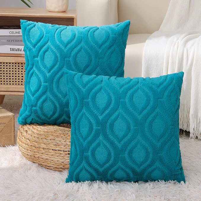 decorUhome Fall Throw Pillow Covers 20x20 Inch Set of 2, Soft Plush Decorative Faux Fur Teal Solid Couch Pillow Covers, Accent Farmhouse Neutral Square Euro Pillow Cases for Sofa Bed Living Room