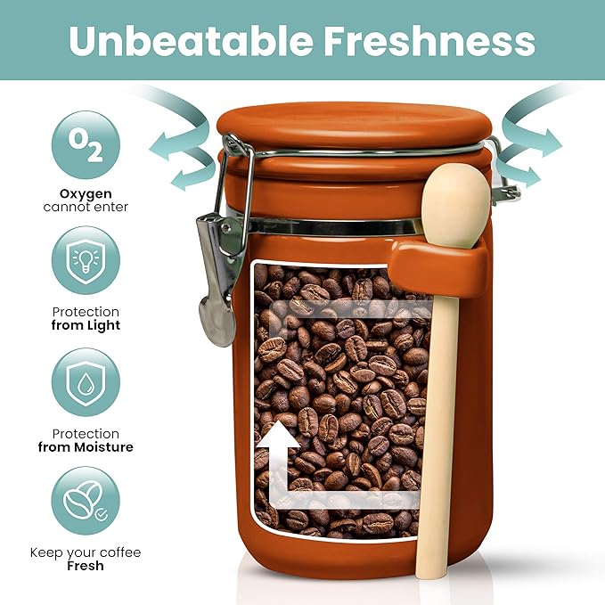 Home Intuition Ceramic Kitchen Canisters Set of 4 with Wooden Spoon Set – Airtight Containers, Metal Latches for Utmost Freshness – Sugar, Coffee, Flour, Tea & More | Rust