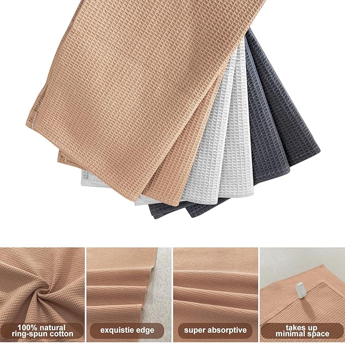 QUILTINA Dish Towels Set,100% Cotton Waffle Weave Kitchen Towels 6 Pack,14 x 14 Inches Dish Towels for Kitchen,Super Absorbent for Drying and Cleaning (Khaki,Light Gray, Dark Grey)