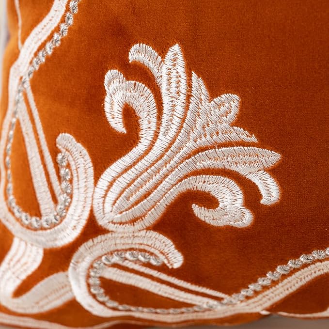 Aeckself European Floral Pillow Cover 20x20 Inch, Luxury Velvet Embroidered Decorative Throw Pillow Cover for Couch Bedroom Living Room, Burnt Orange and White