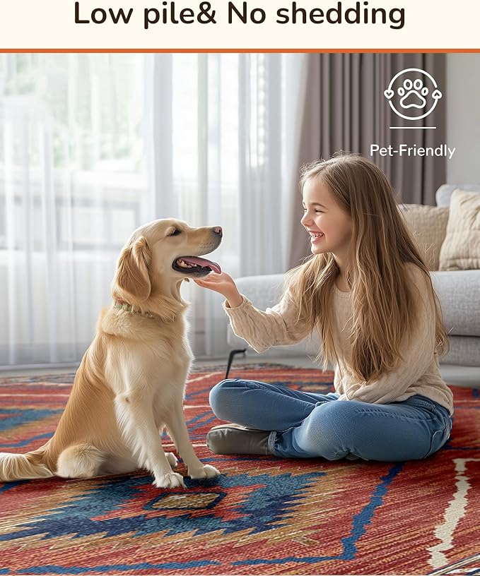 Area Rug 8x10 Rug Machine Washable Non-Slip Low Pile Print Pattern Western Rug for Living Room Bedroom Entryway Tribal Series -Red/Orange