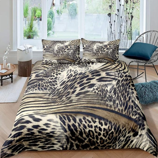 Leopard Pattern Duvet Cover Animal Print Cheetah King Bedding Set for Kids Man and Woman Luxury Comforter Cover Golden Bedspread Cover Decor Bedroom Collection 3Pcs Full Size