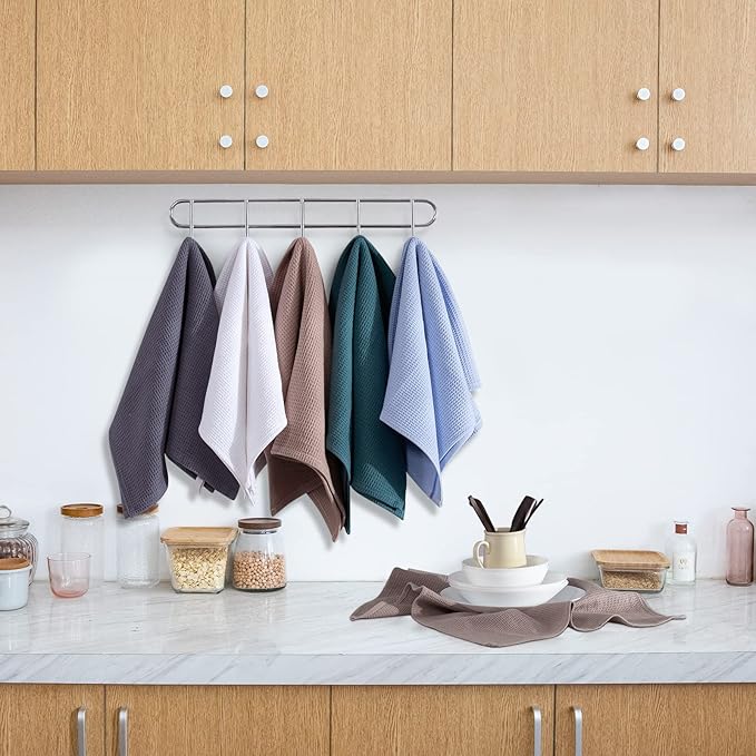 QUILTINA Dish Towels Set,100% Cotton Waffle Weave Kitchen Towels 12 Pack,17 x 25 Inches Dish Towels for Kitchen,Ultra Soft Dish Drying (White, Gray, Light Khaki, Light Blue, Dark Green, Brown)