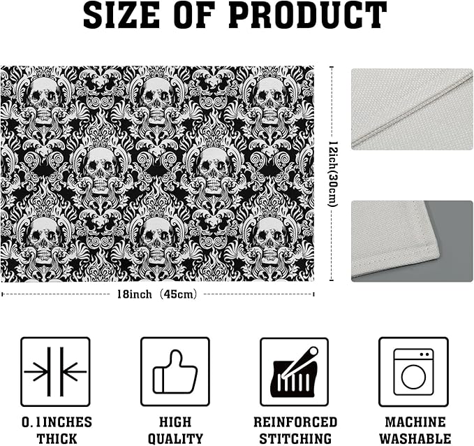 Giwawa Gothic Skull Placemats, Halloween Skeleton Decorative Linen Place Mat, Spooky Day of The Dead Table Mats for Kitchen Dining, Heat Resistant Non Slip, Set of 4, 12"x18"