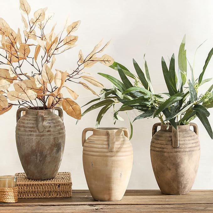 Ceramic Flower Vase Home Decor - Farmhouse Flower Vases Rustic Vintage Style Aesthetic Modern for Table Living Room Kitchen Bedroom Decoration House Desk Decorative Accessories Gift (Clay)