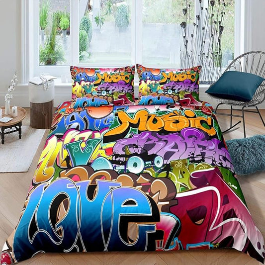Feelyou Hippie Graffiti Duvet Cover Hip Hop Sports Bedding Set for Kids Boys Teens Rock Music Comforter Cover Set Trippy Abstract Art Quilt Cover with 2 Pillowcases King Size