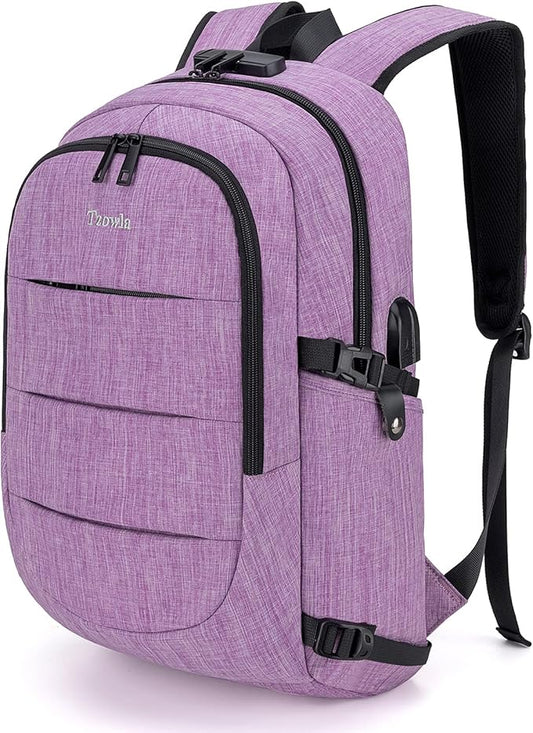Tzowla Business Laptop Backpack Water Resistant Anti-Theft Backpack with USB Charging Port and Lock 15.6 Inch Computer Backpacks for Women, Casual Hiking Travel Daypack(Purple)