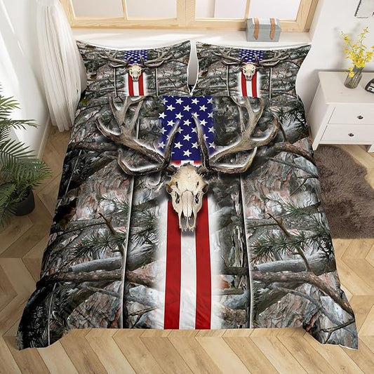 Castle Fairy American Flag Duvet Cover Queen Size, Deer Antlers Bedding Set, Branches Print Comforter Cover with 2 Pillowcases, Boys Girls Soft Microfiber Fashion Xmas Gift Quilt Cover