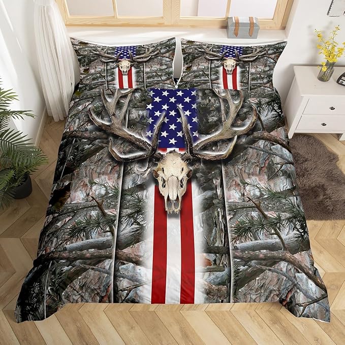 Castle Fairy American Flag Duvet Cover Twin Size, Deer Antlers Bedding Set, Branches Print Comforter Cover with 1 Pillowcase, Boys Girls Soft Microfiber Fashion Xmas Gift Quilt Cover