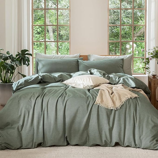 MooMee Bedding Duvet Cover Set 100% Washed Cotton Linen Like Textured Breathable Durable Soft Comfy (Heathered Green, Twin 68"x90")