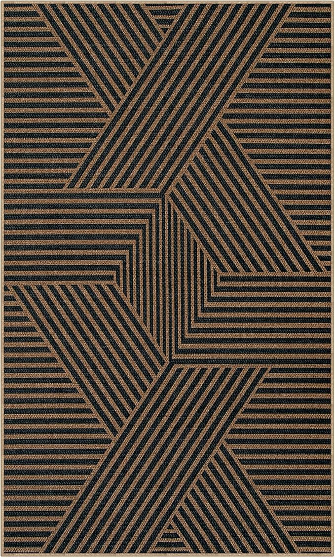 Lahome Modern Geometric Outdoor Easy Jute Rug, 3x5 Indoor Outdoor Rugs for Living Room Black Entryway Carpet, Farmhouse Washable Non Slip Carpet for Patio Courtyard Bedroom