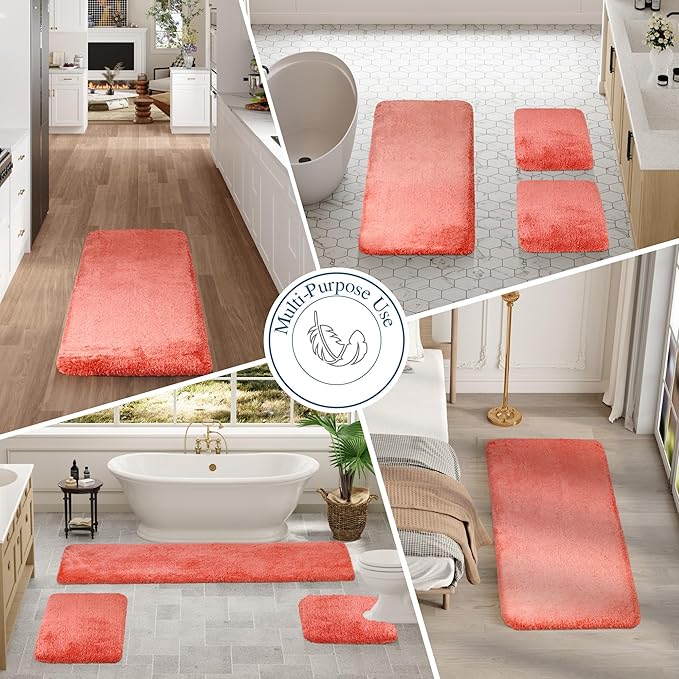 Walensee Bathroom Contour Rug (20x24, Living Coral) Non Slip Bath Mats Water Absorbent Soft Microfiber Shaggy Bathroom Mat Machine Washable Bath Rug U Shape Toilet Rug