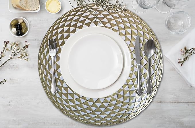 Vinyl Round Placemats Set of 4 - Non Slip Place Mats Ideal for Indoor and Outdoor Dining Table - Washable and Heat Resistant Table Mat for Kitchen Tables (Hunter Gold)