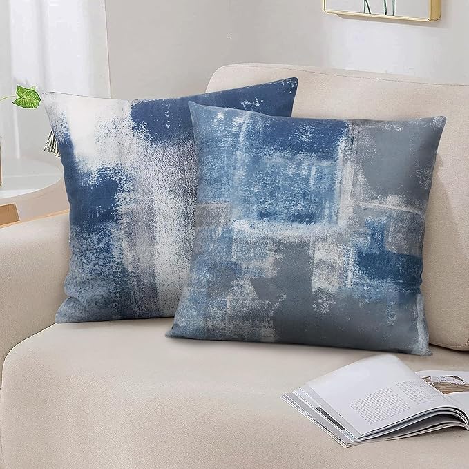 Set of 4 Blue and Grey Abstract Art Artwork Pillow Cover 20 x 20 Inch, Gallery Modern Decorative Throw Pillows Cushion Cover for Bedroom Sofa Living Room