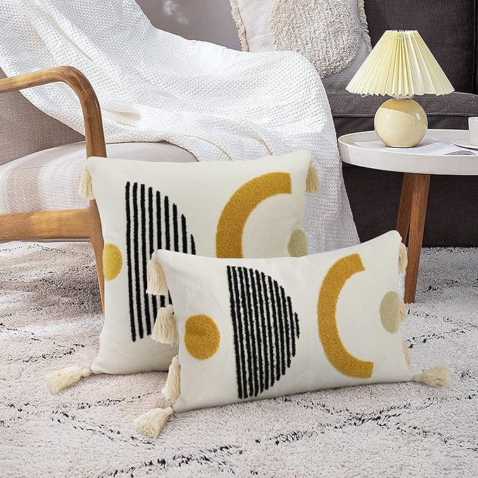Merrycolor Boho Throw Pillow Covers with Tassels 18x18 Yellow Mid Century Modern Throw Pillows Geometric Decorative Abstract Pillow Cases Textured Boho Accent Pillows for Bed Couch Living Room,1PC