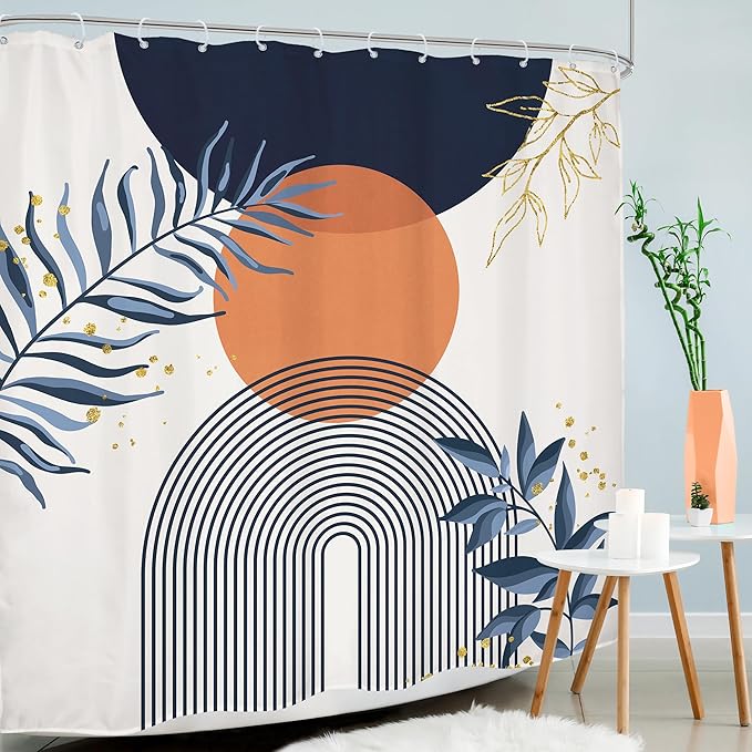 Navy Blue Boho Shower Curtain 72Wx72H Modern Abstract Bohemian Blue Gold Leaves Orange Minimalist Mid Century Plant Bathroom Decor Neutral Geometric Bath Curtain Fabric Polyester 12 Pack Hooks