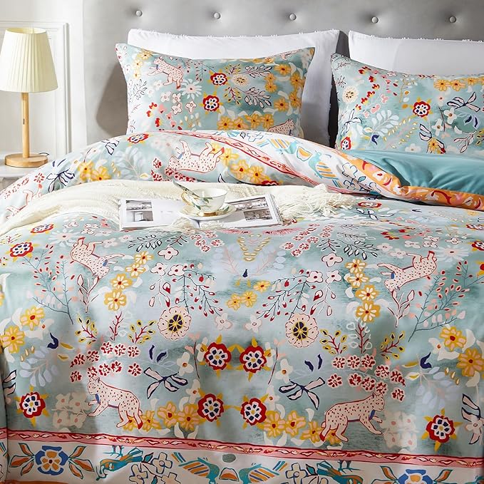 Cupocupa Bohemian King Duvet Cover Set, Vintage Floral Animal Print Bedding with Reversible Teal Lining, Zipper Closure & Corner Ties, Soft Breathable Light Blue Colorful Comforter Cover for Bedroom