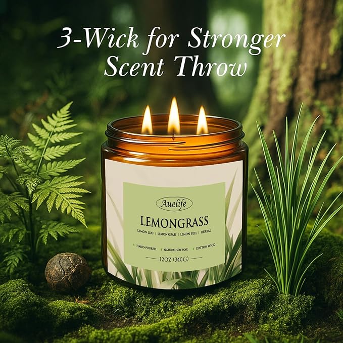 Auelife Lemongrass Scented Candle | 3-Wick Jar Candle - 12oz Natural Soy Wax - Lemon Scent for Indoor Outdoor Use, Long Lasting Aromatherapy Gifts for Home, Summer, 50+ Hour Burn