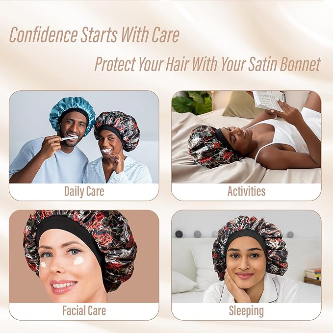 Satin Bonnet Adjustable Sleeping Silk Bonnet Black Women Men Double Layer Satin Silk Sleep Cap Hair Wrap Large Curly Hair