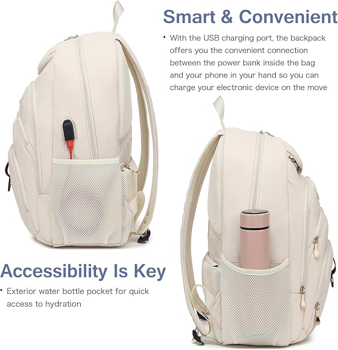 Boavan Laptop Backpack for women,15.6 inch Laptop Bag with USB Port, Waterproof Travel Work Backpack Purse, Anti-Theft Teacher Nurse Doctor Casual Bookbags Office Business backpack，Cream Beige