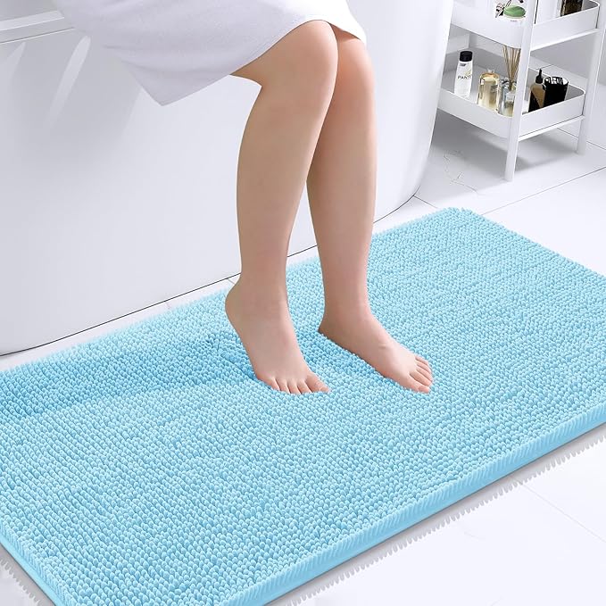 OLANLY Bathroom Rugs 44x24, Extra Soft Absorbent Chenille Bath Rugs, Rubber Backing Quick Dry, Machine Washable Bath Mats for Bathroom Floor, Tub and Shower, Home Decor Accessories, Sky Blue