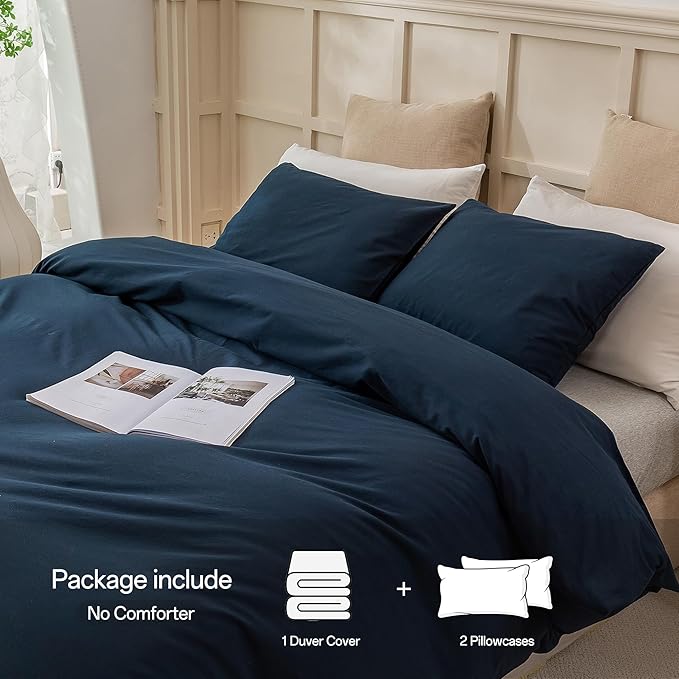 ECOCOTT Navy Blue Duvet Cover Super King Size - 100% Washed Cotton Durable Soft Comfy Bedding Set, 3 Pieces Duvet Cover with Zipper Closure (108''x98'')