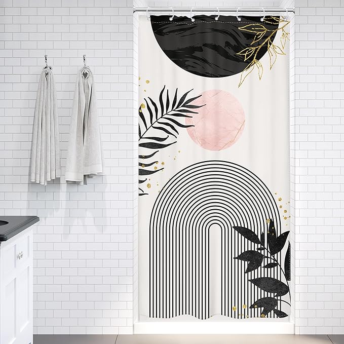 Small Stall Boho Shower Curtain 36Wx72H RV Modern Bohemian Abstract Leaves Mid Century Plant Half Narrow Bathroom Decor Minimalist Geometric Neutral Bath Curtain Fabric Polyester 7 Pack Hooks