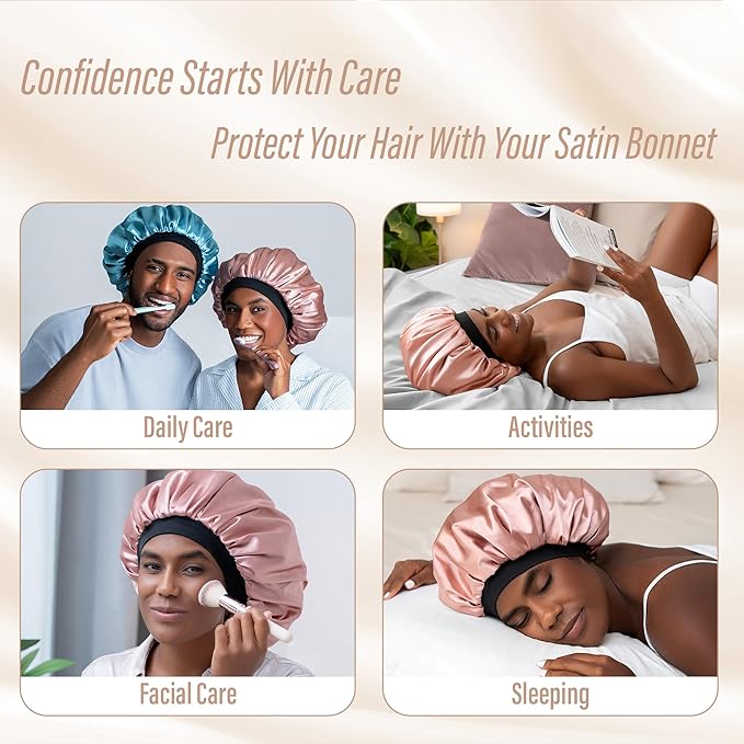 Satin Bonnet Adjustable Sleeping Silk Bonnet Black Women Men Double Layer Satin Silk Sleep Cap Hair Wrap Large Curly Hair