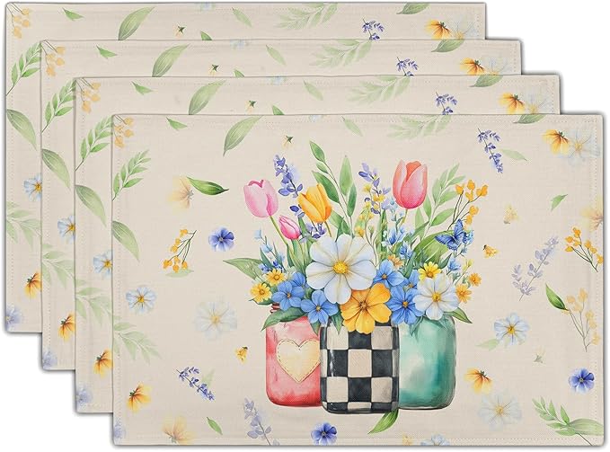 Giwawa Spring Flower Vases Placemats Set of 4 Watercolor Floral Mason Jar Place Mat 12x18 Inch Wildflower Botanical Plant Table Mats Heat Resistance for Kitchen Dining Party Picnic Decor