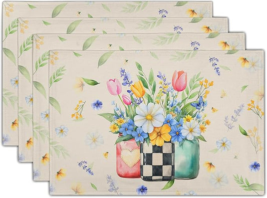 Giwawa Spring Flower Vases Placemats Set of 4 Watercolor Floral Mason Jar Place Mat 12x18 Inch Wildflower Botanical Plant Table Mats Heat Resistance for Kitchen Dining Party Picnic Decor