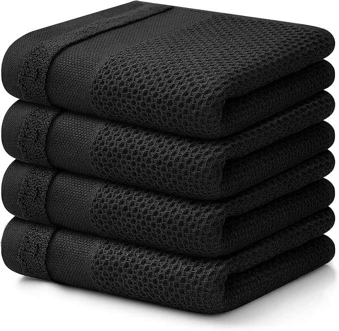 Homaxy 100% Cotton Waffle Weave Kitchen Towels, 13 x 28 Inches Super Absorbent and Machine Washable Dish Towels for Drying Dishes, 4-Packs, Black