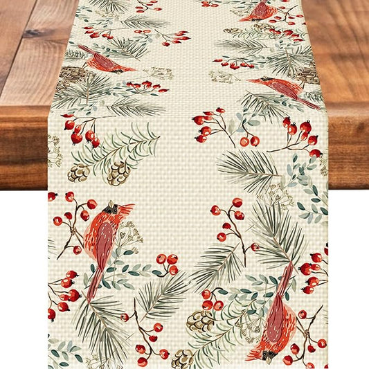 Christmas Bird Burlap Table Runner Seasonal Spring Fall Kitchen Dining Linen Table Decoration for Indoor Outdoor Home Party Dinner 13x72 Inch