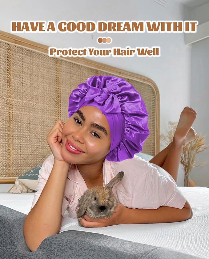 Satin Bonnet Silk Bonnet for Sleeping Silk Sleep Cap Double Layer Hair Bonnet with Elastic Tie Band for Curly Hair Night Cap (Dark Purple+Light Purple)