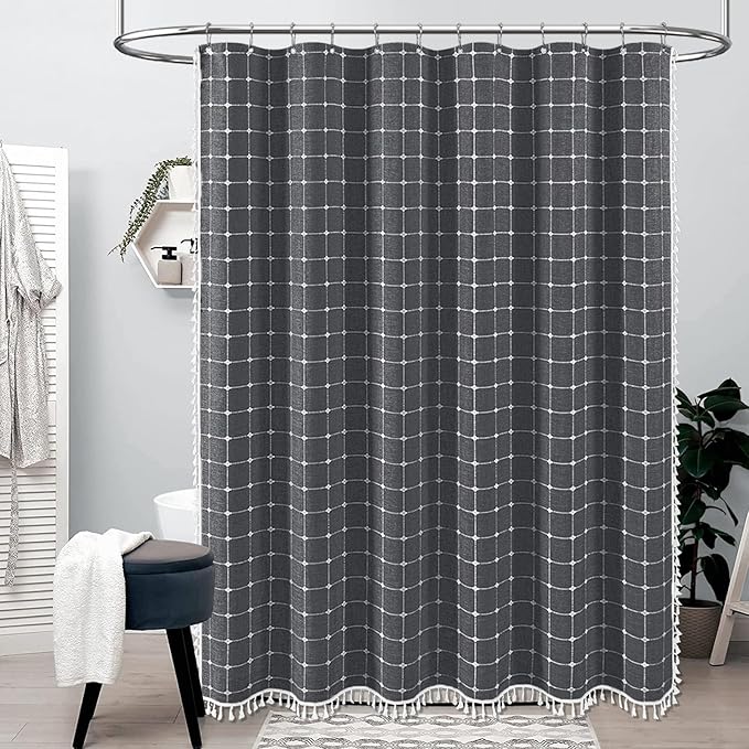BTTN Stall Fabric Shower Curtain - 54x78 Inches Boho Linen Heavy Duty Tassel Shower Curtain Set with 10 Hooks, Narrow Rustic Modern Farmhouse Neutral Thick Shower Curtains for Bathroom - Charcoal Grey