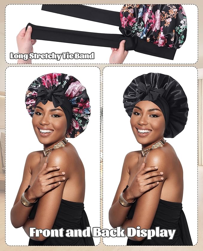 Satin Bonnet Silk Bonnet for Sleeping Silk Sleep Cap Double Layer Hair Bonnet with Elastic Tie Band for Curly Hair Night Cap(Black(Flower))