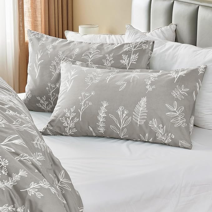 MUXHOMO Duvet Cover Full Size, Reversible Floral Silver Gray Duvet Cover Set with Zipper Closure, 3 Pieces Botanical Patterns Soft Microfiber Bedding Set with 4 Ties (80"x90", 2 Pillow Cases)
