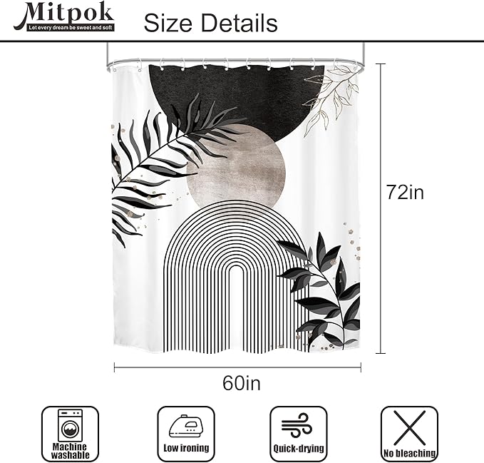 Black Grey Boho Shower Curtain 60Wx72H Bohemian Mid Century Modern Abstract Gray Gold Leaves Plant Minimalist Geometric Bathroom Decor Arch Neutral Bath Curtain Fabric Polyester 12 Pack Hooks