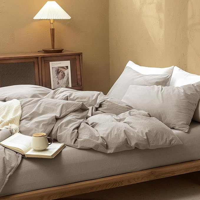 FOSSA Duvet Cover Set 100% Washed Cotton Linen Feel Super Soft Breathable Cozy 3 Pieces Bedding Sets Solid Tannish Linen Grey California King
