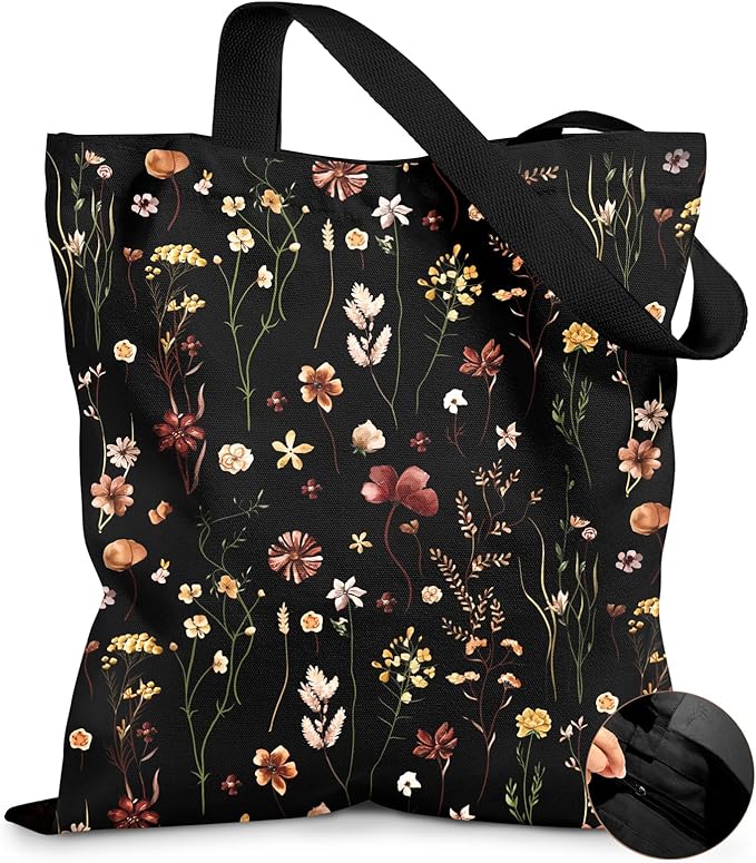 Canvas Tote Bag for Women – Aesthetic Canvas Bag with Zipper Cute Stylish Reusable Shoulder Totes for Shopping Work Daily Vacation, Black Grow Flower