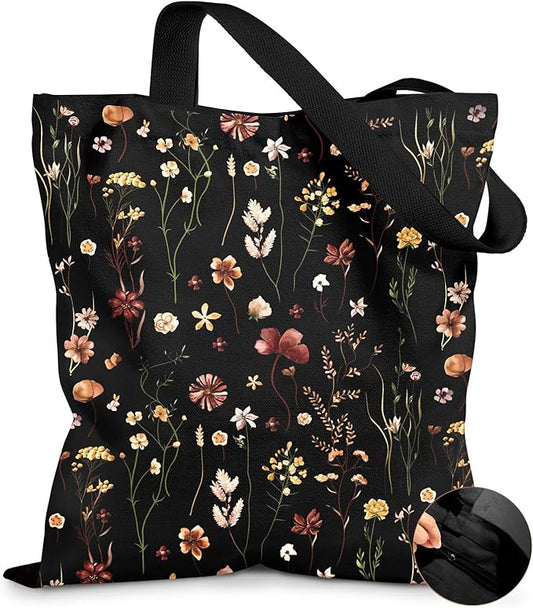 Canvas Tote Bag for Women – Aesthetic Canvas Bag with Zipper Cute Stylish Reusable Shoulder Totes for Shopping Work Daily Vacation, Black Grow Flower