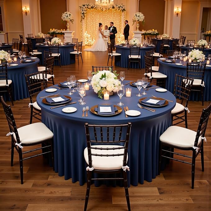 Outpain 8 Pack Navy Blue Spandex Round Tablecloths - Fitted 132in Wrinkle Free Table Covers with Skirt for 72in Table, Wedding Party Dining Banquet